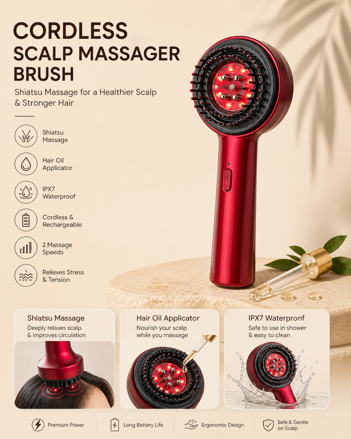 Portable Cordless Electric Scalp Massaging Brush Shiatsu Hair Scalp Massager with IPX7 Waterproof Hair Oil Applicator for Scalp