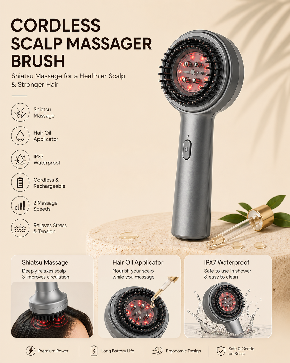Portable Cordless Electric Scalp Massaging Brush Shiatsu Hair Scalp Massager with IPX7 Waterproof Hair Oil Applicator for Scalp