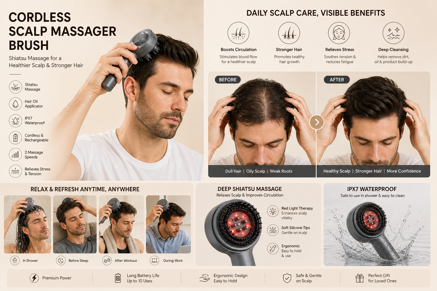 Portable Cordless Electric Scalp Massaging Brush Shiatsu Hair Scalp Massager with IPX7 Waterproof Hair Oil Applicator for Scalp