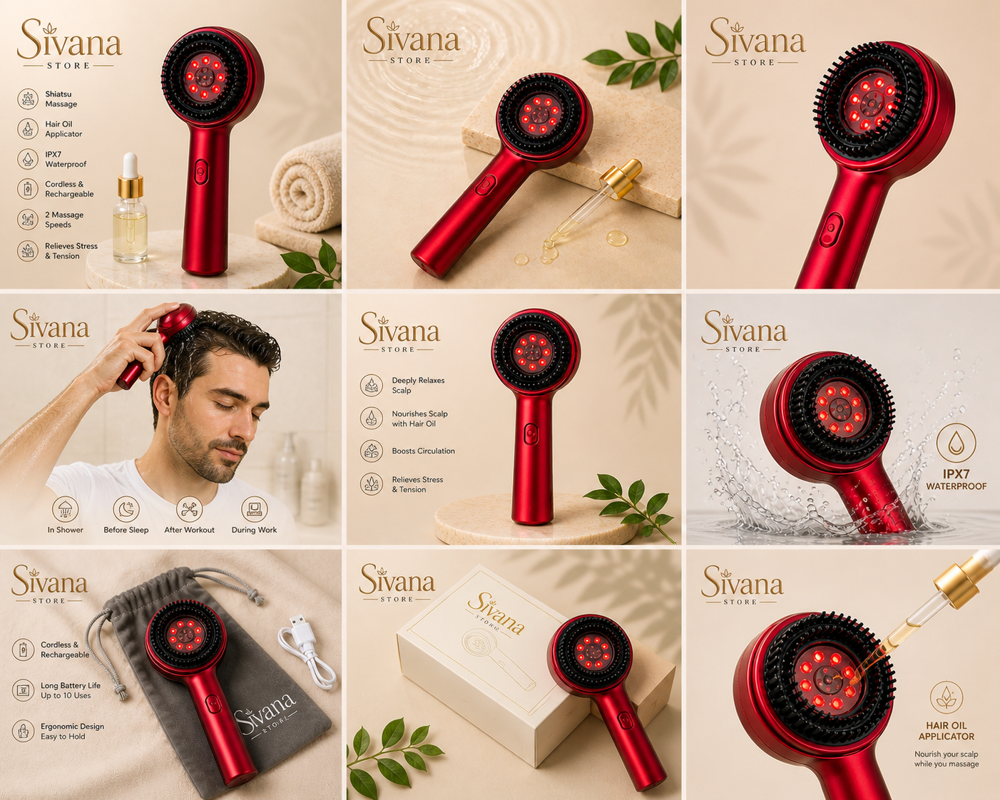 Portable Cordless Electric Scalp Massaging Brush Shiatsu Hair Scalp Massager with IPX7 Waterproof Hair Oil Applicator for Scalp