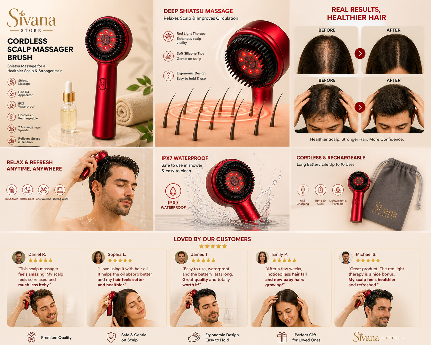 Portable Cordless Electric Scalp Massaging Brush Shiatsu Hair Scalp Massager with IPX7 Waterproof Hair Oil Applicator for Scalp